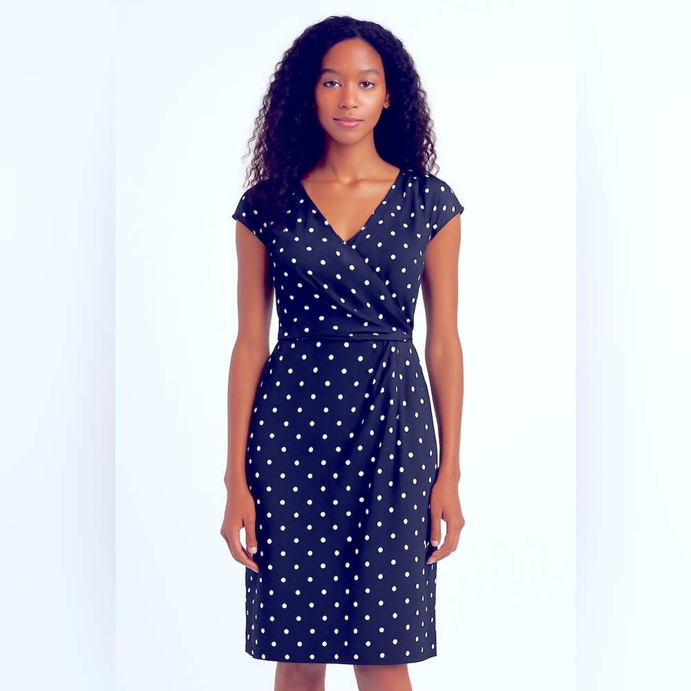 Lauren Ralph Lauren Blue White Polka Dot Sheath Midi Dress V-Neck